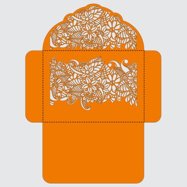 Lasercut vektör düğün davetiye şablon. Davetiye Zarfı lazer kesme çiçeklerle düğün. Dantel kapı pas geçiyor. Vektör lazer kesim