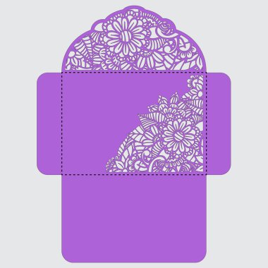 Lasercut vektör düğün davetiye şablon. Davetiye Zarfı lazer kesme çiçeklerle düğün. Dantel kapı pas geçiyor. Vektör lazer kesim