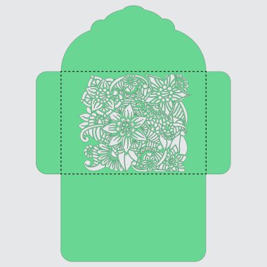 Lasercut vektör düğün davetiye şablon. Davetiye Zarfı lazer kesme çiçeklerle düğün. Dantel kapı pas geçiyor. Vektör lazer kesim