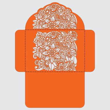 Lasercut vektör düğün davetiye şablon. Davetiye Zarfı lazer kesme çiçeklerle düğün. Dantel kapı pas geçiyor. Vektör lazer kesim