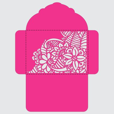 Lasercut vektör düğün davetiye şablon. Davetiye Zarfı lazer kesme çiçeklerle düğün. Dantel kapı pas geçiyor. Vektör lazer kesim