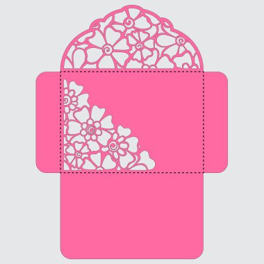 Lasercut vektör düğün davetiye şablon. Davetiye Zarfı lazer kesme çiçeklerle düğün. Dantel kapı pas geçiyor. Vektör lazer kesim