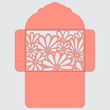 Lasercut vektör düğün davetiye şablon. Davetiye Zarfı lazer kesme çiçeklerle düğün. Dantel kapı pas geçiyor. Vektör lazer kesim