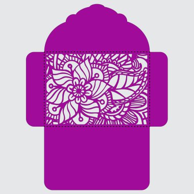 Lasercut vektör düğün davetiye şablon. Davetiye Zarfı lazer kesme çiçeklerle düğün. Dantel kapı pas geçiyor. Vektör lazer kesim