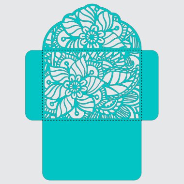 Lasercut vektör düğün davetiye şablon. Davetiye Zarfı lazer kesme çiçeklerle düğün. Dantel kapı pas geçiyor. Vektör lazer kesim