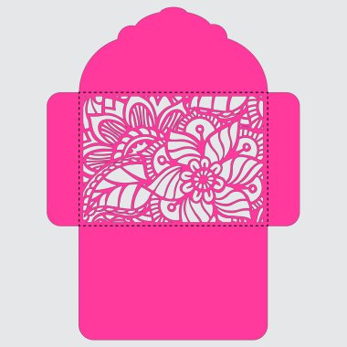 Lasercut vektör düğün davetiye şablon. Davetiye Zarfı lazer kesme çiçeklerle düğün. Dantel kapı pas geçiyor. Vektör lazer kesim