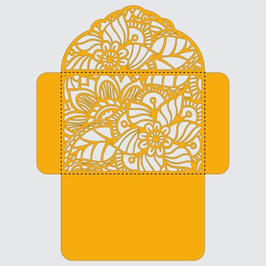 Lasercut vektör düğün davetiye şablon. Davetiye Zarfı lazer kesme çiçeklerle düğün. Dantel kapı pas geçiyor. Vektör lazer kesim