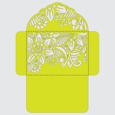 Lasercut vektör düğün davetiye şablon. Davetiye Zarfı lazer kesme çiçeklerle düğün. Dantel kapı pas geçiyor. Vektör lazer kesim