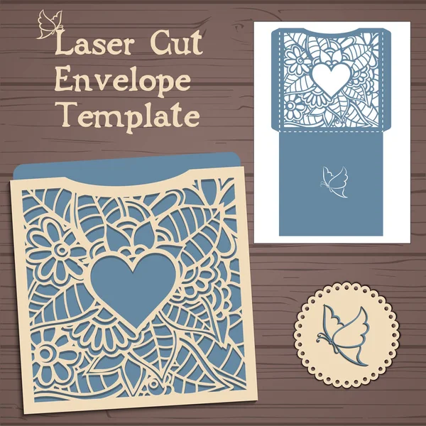 Modèle d'invitation de mariage vectoriel Lasercut. Enveloppe d'invitation de mariage avec des fleurs pour la découpe laser. Porte en dentelle pliés.Laser vecteur de coupe — Image vectorielle