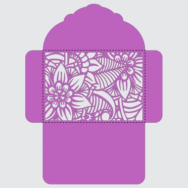 Lasercut vektör düğün davetiye şablon. Davetiye Zarfı lazer kesme çiçeklerle düğün. Dantel kapı pas geçiyor. Vektör lazer kesim