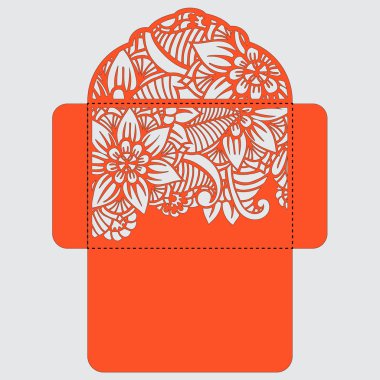 Lasercut vektör düğün davetiye şablon. Davetiye Zarfı lazer kesme çiçeklerle düğün. Dantel kapı pas geçiyor. Vektör lazer kesim