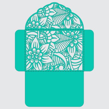 Lasercut vektör düğün davetiye şablon. Davetiye Zarfı lazer kesme çiçeklerle düğün. Dantel kapı pas geçiyor. Vektör lazer kesim