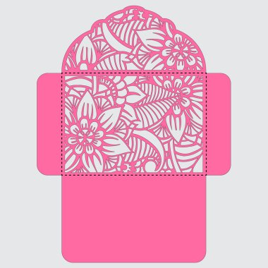 Lasercut vektör düğün davetiye şablon. Davetiye Zarfı lazer kesme çiçeklerle düğün. Dantel kapı pas geçiyor. Vektör lazer kesim