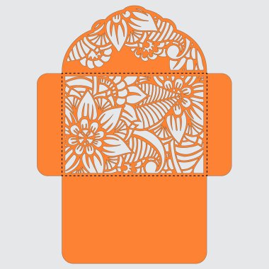 Lasercut vektör düğün davetiye şablon. Davetiye Zarfı lazer kesme çiçeklerle düğün. Dantel kapı pas geçiyor. Vektör lazer kesim