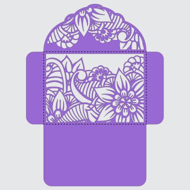 Lasercut vektör düğün davetiye şablon. Davetiye Zarfı lazer kesme çiçeklerle düğün. Dantel kapı pas geçiyor. Vektör lazer kesim