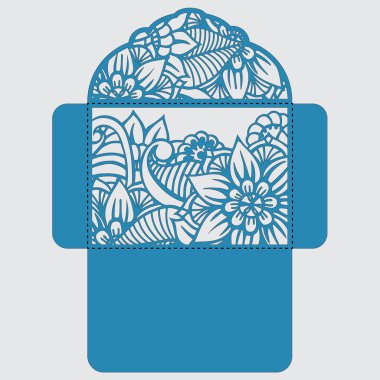 Lasercut vektör düğün davetiye şablon. Davetiye Zarfı lazer kesme çiçeklerle düğün. Dantel kapı pas geçiyor. Vektör lazer kesim