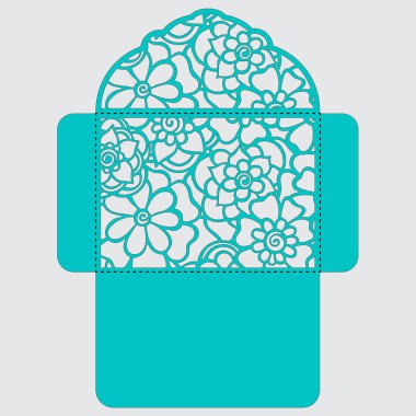 Lasercut vektör düğün davetiye şablon. Davetiye Zarfı lazer kesme çiçeklerle düğün. Dantel kapı pas geçiyor. Vektör lazer kesim