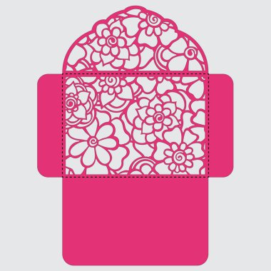 Lasercut vektör düğün davetiye şablon. Davetiye Zarfı lazer kesme çiçeklerle düğün. Dantel kapı pas geçiyor. Vektör lazer kesim