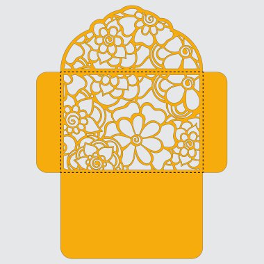 Lasercut vektör düğün davetiye şablon. Davetiye Zarfı lazer kesme çiçeklerle düğün. Dantel kapı pas geçiyor. Vektör lazer kesim