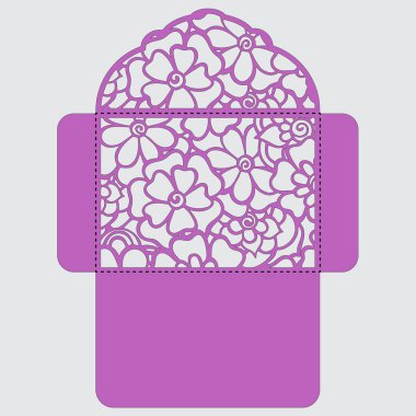 Lasercut vektör düğün davetiye şablon. Davetiye Zarfı lazer kesme çiçeklerle düğün. Dantel kapı pas geçiyor. Vektör lazer kesim