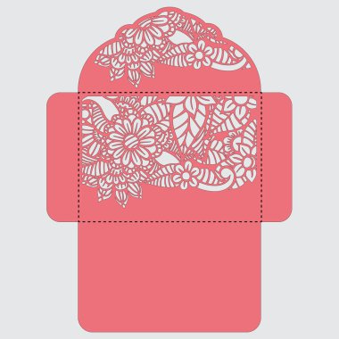 Lasercut vektör düğün davetiye şablon. Davetiye Zarfı lazer kesme çiçeklerle düğün. Dantel kapı pas geçiyor. Vektör lazer kesim