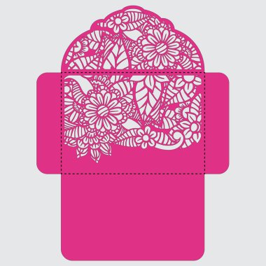 Lasercut vektör düğün davetiye şablon. Davetiye Zarfı lazer kesme çiçeklerle düğün. Dantel kapı pas geçiyor. Vektör lazer kesim
