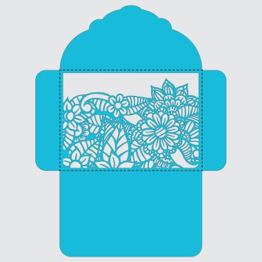 Lasercut vektör düğün davetiye şablon. Davetiye Zarfı lazer kesme çiçeklerle düğün. Dantel kapı pas geçiyor. Vektör lazer kesim