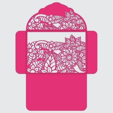 Lasercut vektör düğün davetiye şablon. Davetiye Zarfı lazer kesme çiçeklerle düğün. Dantel kapı pas geçiyor. Vektör lazer kesim