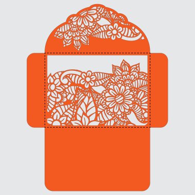 Lasercut vektör düğün davetiye şablon. Davetiye Zarfı lazer kesme çiçeklerle düğün. Dantel kapı pas geçiyor. Vektör lazer kesim
