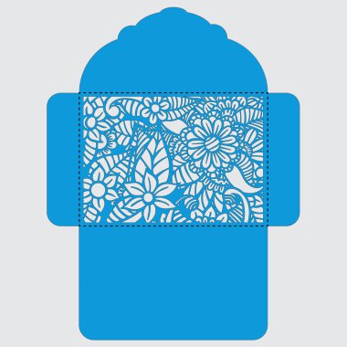 Lasercut vektör düğün davetiye şablon. Davetiye Zarfı lazer kesme çiçeklerle düğün. Dantel kapı pas geçiyor. Vektör lazer kesim