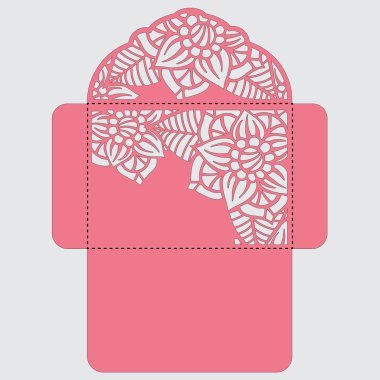 Lasercut vektör düğün davetiye şablon. Davetiye Zarfı lazer kesme çiçeklerle düğün. Dantel kapı pas geçiyor. Vektör lazer kesim