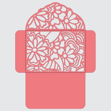 Lasercut vektör düğün davetiye şablon. Davetiye Zarfı lazer kesme çiçeklerle düğün. Dantel kapı pas geçiyor. Vektör lazer kesim