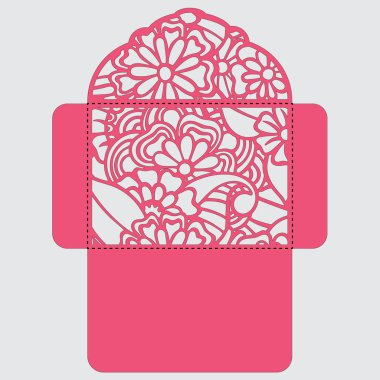 Lasercut vektör düğün davetiye şablon. Davetiye Zarfı lazer kesme çiçeklerle düğün. Dantel kapı pas geçiyor. Vektör lazer kesim