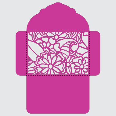 Lasercut vektör düğün davetiye şablon. Davetiye Zarfı lazer kesme çiçeklerle düğün. Dantel kapı pas geçiyor. Vektör lazer kesim