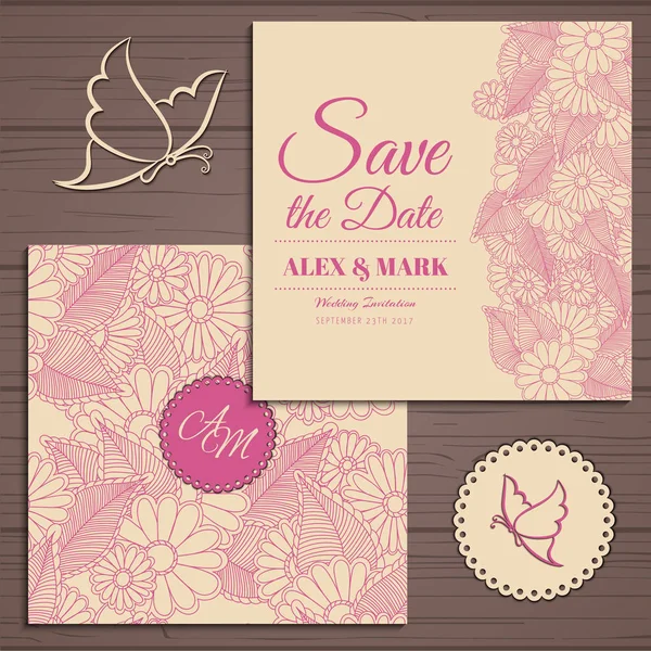 Bruiloft uitnodiging kaart suite met bloem Templates.Vector afbeelding — Stockvector