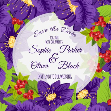 Düğün davetiye kartı suite çiçek ve meyveleri ile. Templates.Vector illüstrasyon