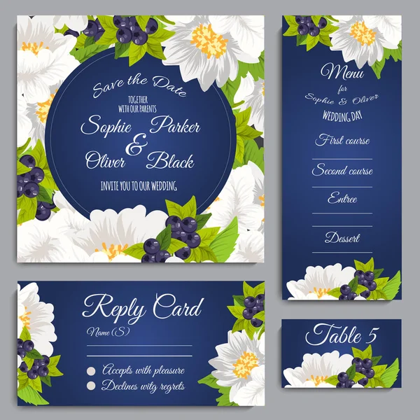 Set bruiloft uitnodiging kaart suite met bloemen. Templates.Vector afbeelding — Stockvector