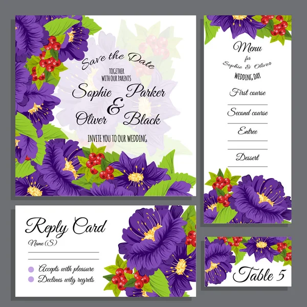 Set bruiloft uitnodiging kaart suite met bloemen. Templates.Vector afbeelding — Stockvector