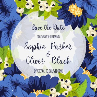 Çiçekli düğün davetiye kartı Süiti. Şablon. Vektör çizim