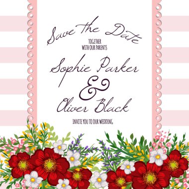 Çiçekli düğün davetiye kartı Süiti. Şablon. Vektör çizim