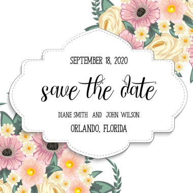 Çiçekli düğün davetiye kartı Süiti. Şablon. Vektör çizim