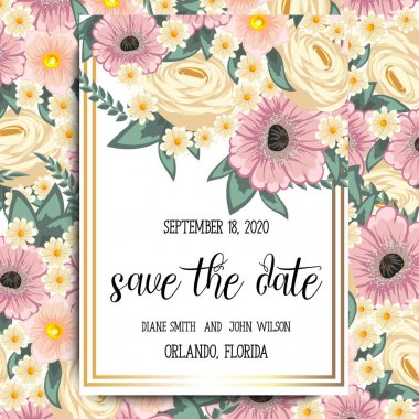 Çiçekli düğün davetiye kartı Süiti. Şablon. Vektör çizim