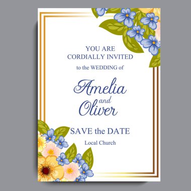 Çiçekli düğün davetiye kartı Süiti. Şablon. Vektör çizim