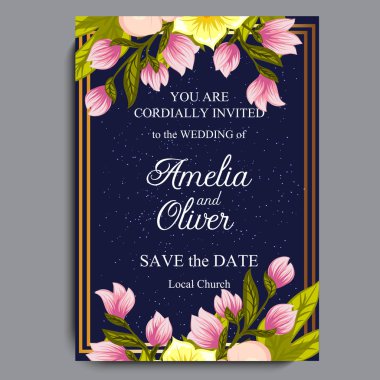 Çiçekli düğün davetiye kartı Süiti. Şablon. Vektör çizim