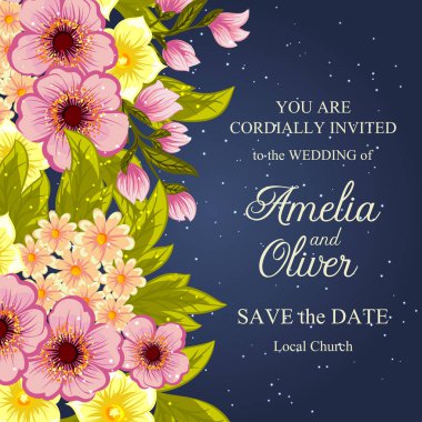 Çiçekli düğün davetiye kartı Süiti. Şablon. Vektör çizim