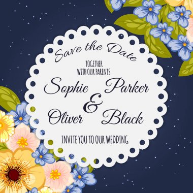 Çiçekli düğün davetiye kartı Süiti. Şablon. Vektör çizim