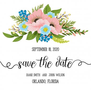 Çiçekli düğün davetiye kartı Süiti. Şablon. Vektör çizim