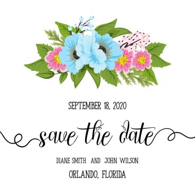 Çiçekli düğün davetiye kartı Süiti. Şablon. Vektör çizim