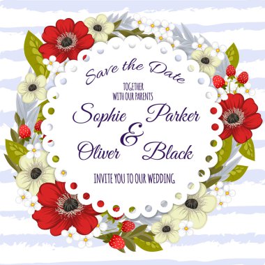 Çiçekli düğün davetiye kartı Süiti. Şablon. Vektör çizim