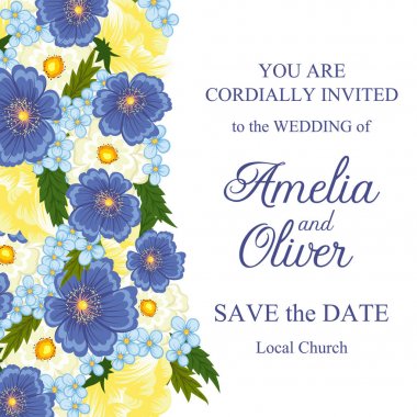 Çiçekli düğün davetiye kartı Süiti. Şablon. Vektör çizim